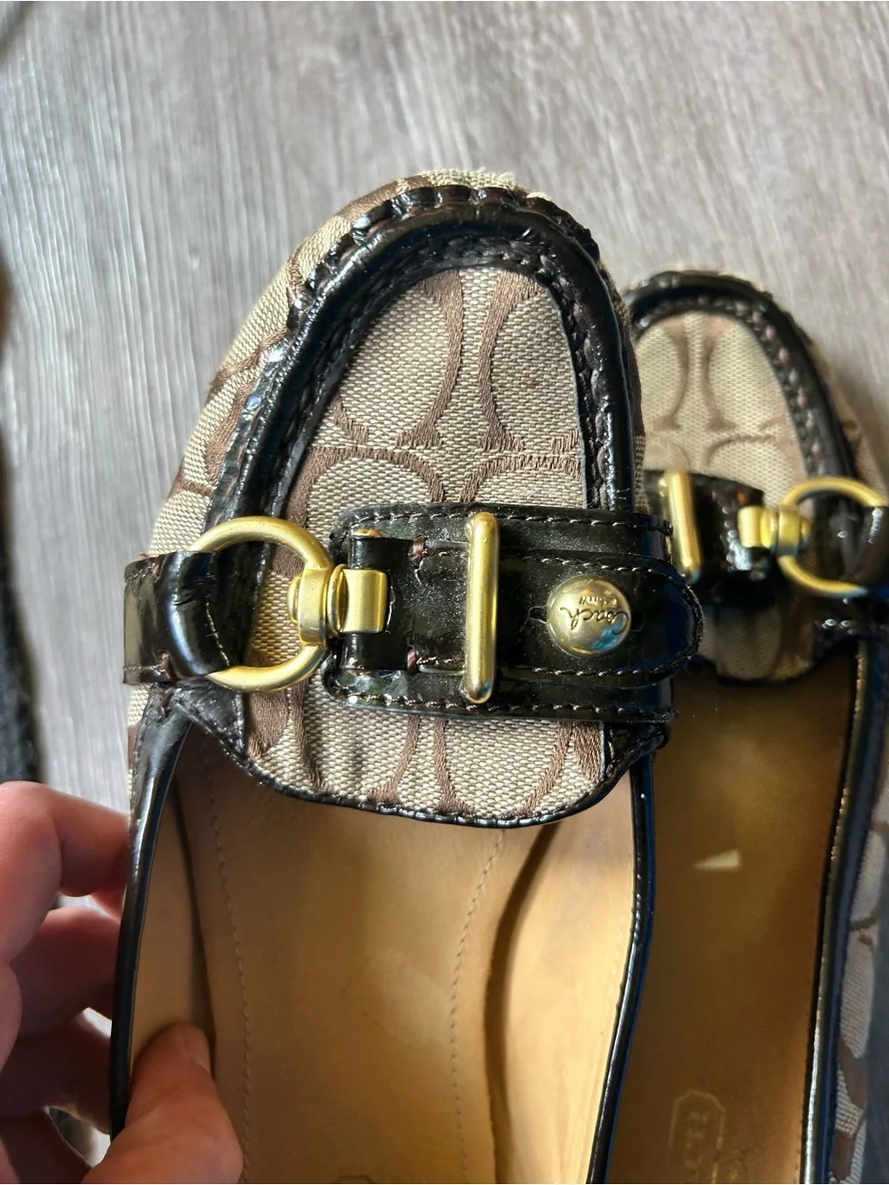 Coach Brown Signature Canvas Flats with Black Patent Trim and Gold Hardware